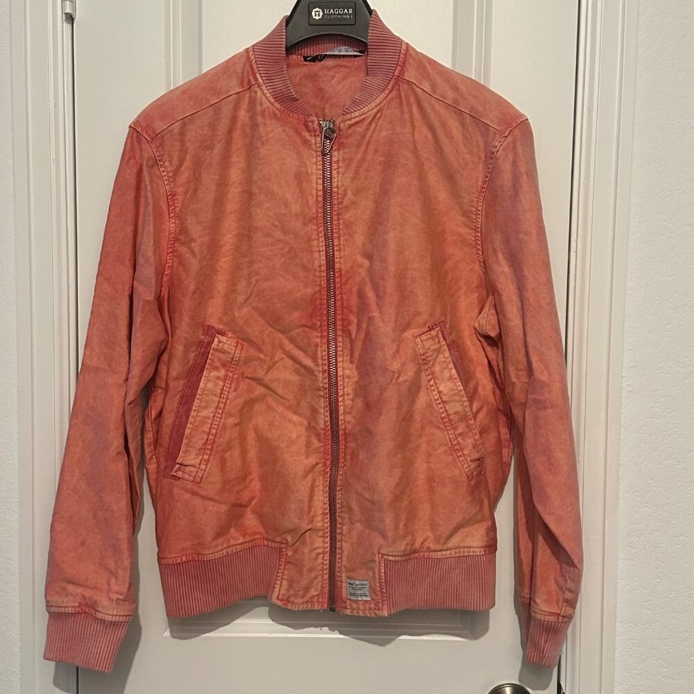 Zara Washed Coral Bomber Jacket L 100% Cotton Ribbed Hem & Cuffs Zip Closure - Picture 2 of 9